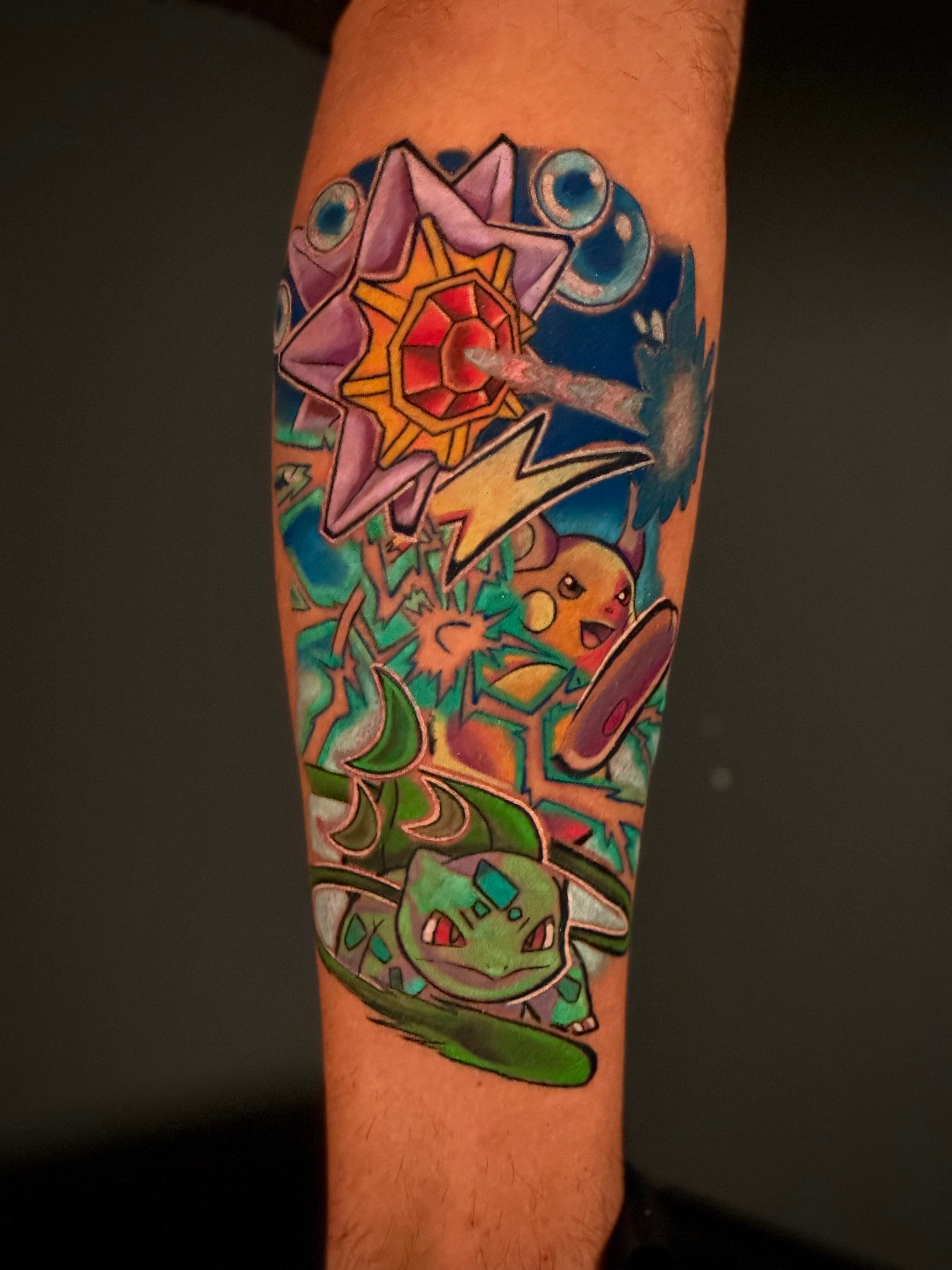 Pokémon Battle Starmie Raichu & Bulbasaur Tattoo