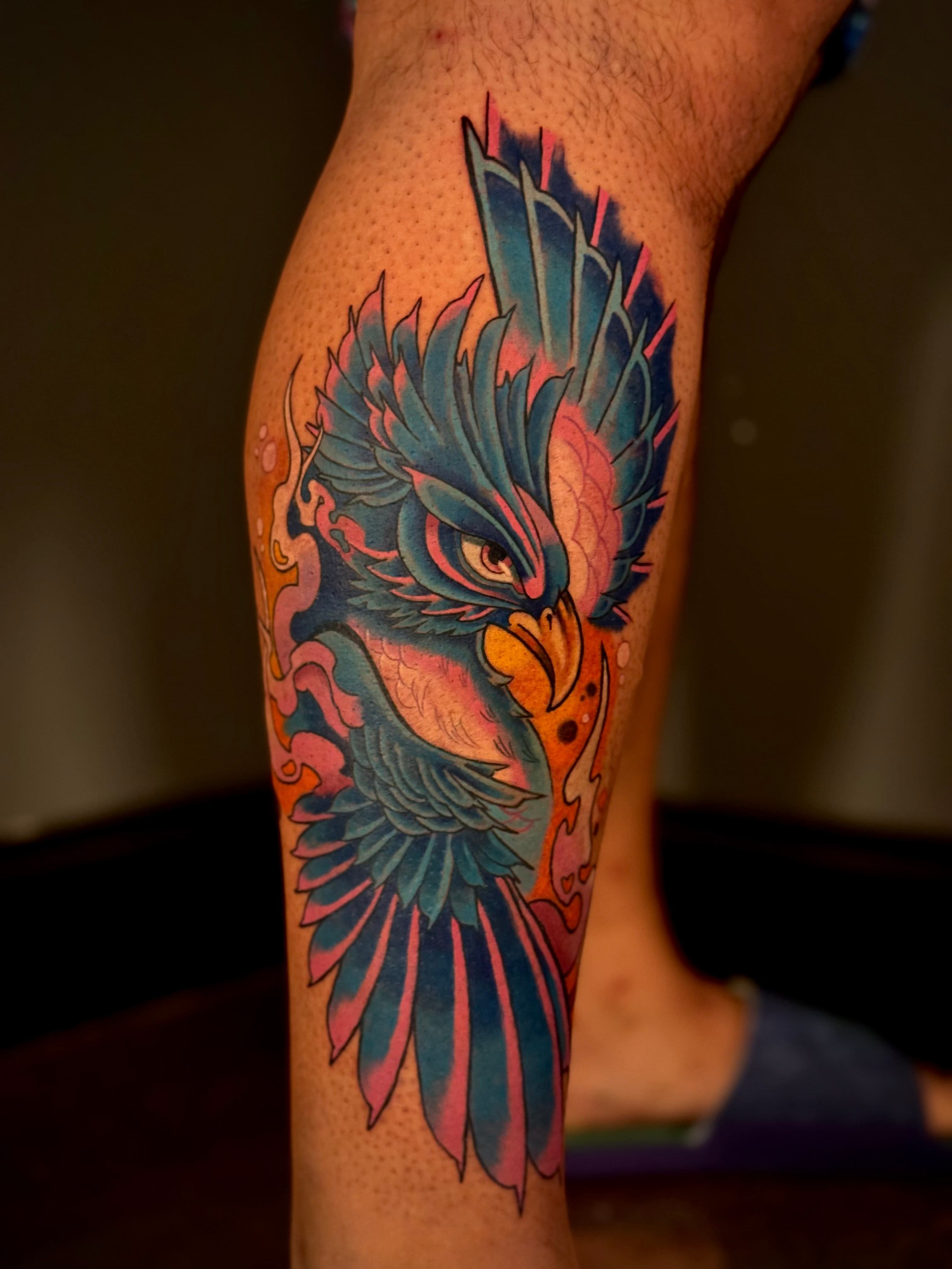 Neo-Traditional Blue Phoenix Color Tattoo