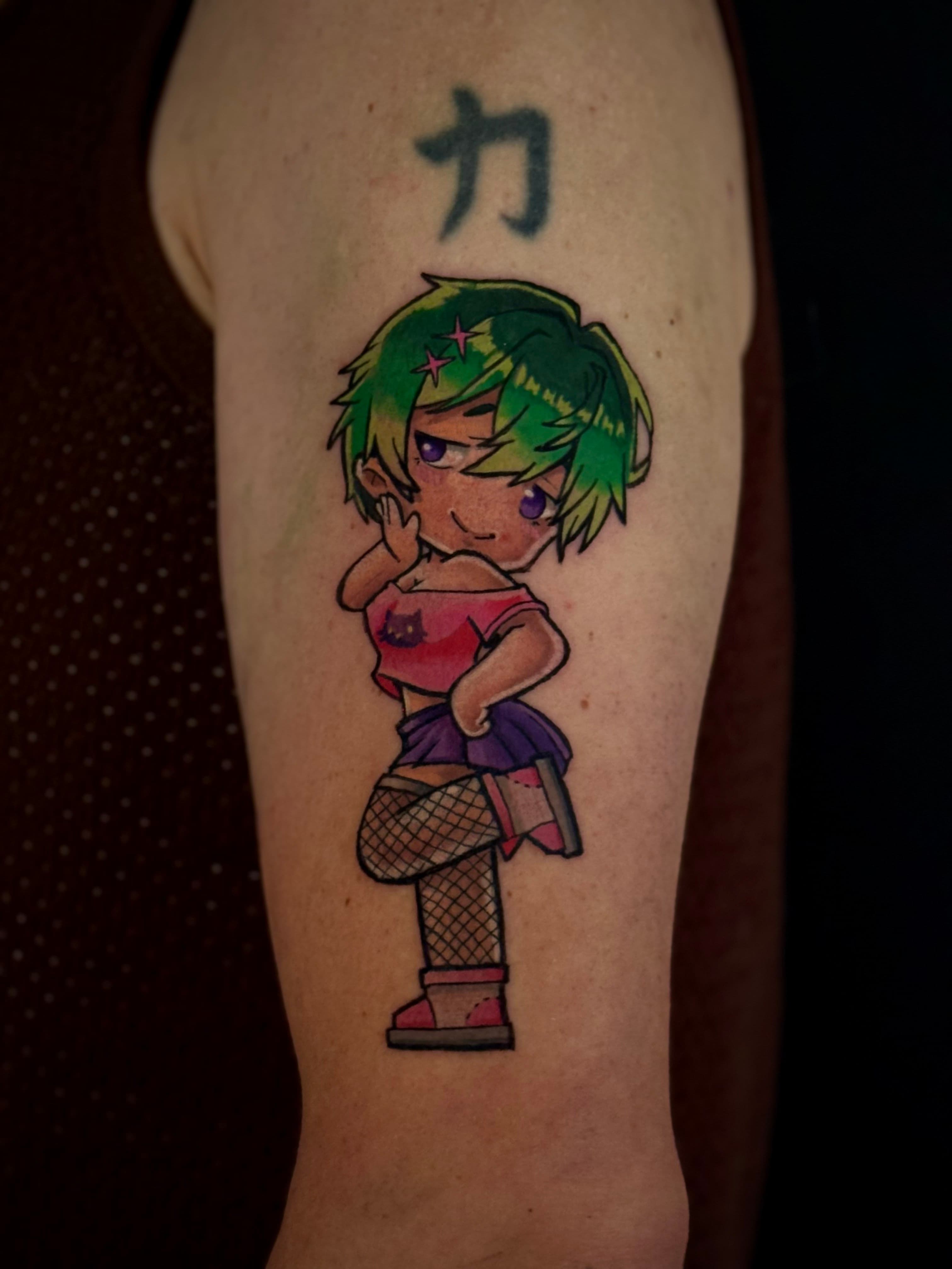 Chibi Green-Haired Anime Girl Color Tattoo