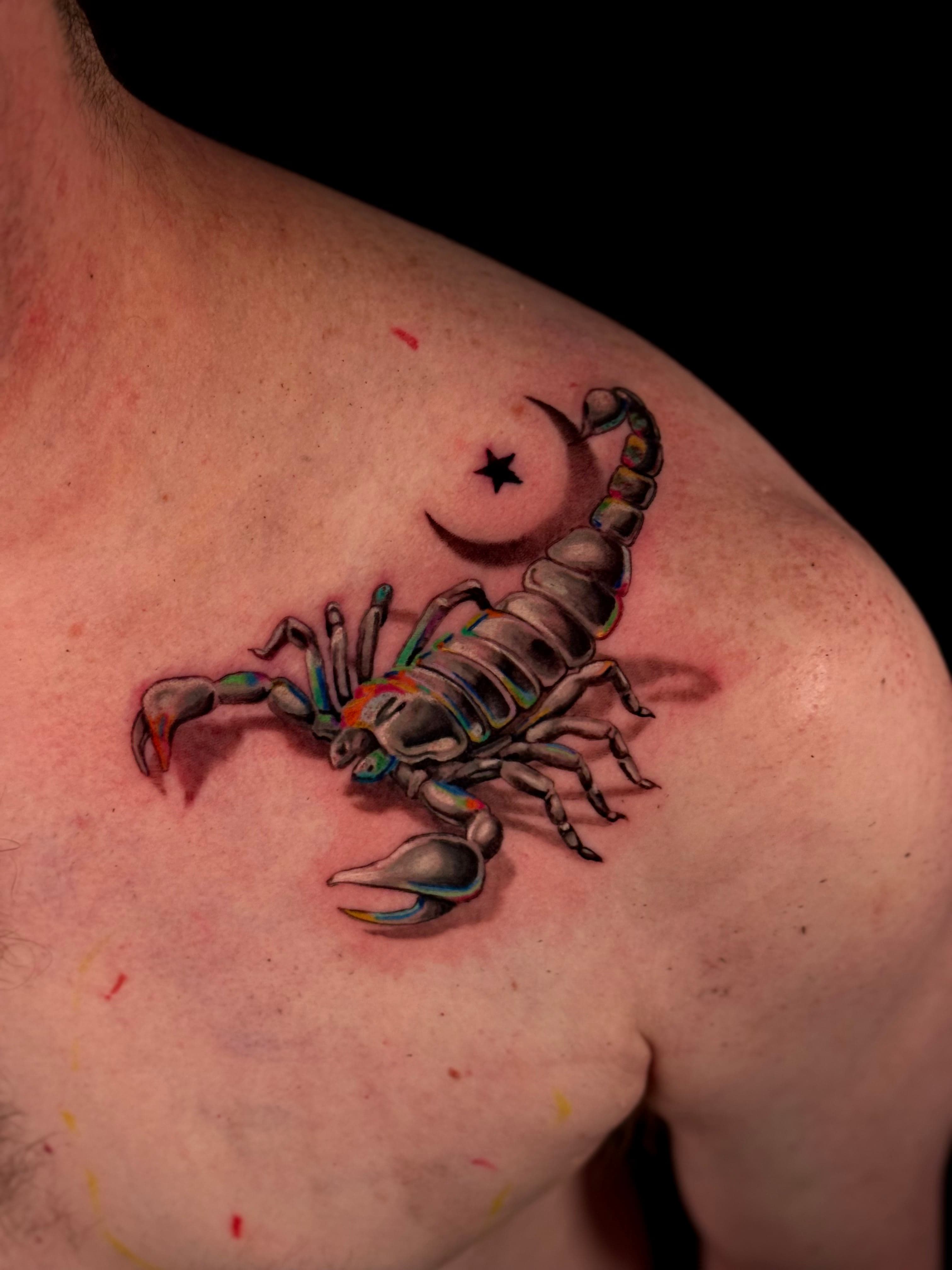 Glitch Chrome Scorpion Color Realism Tattoo
