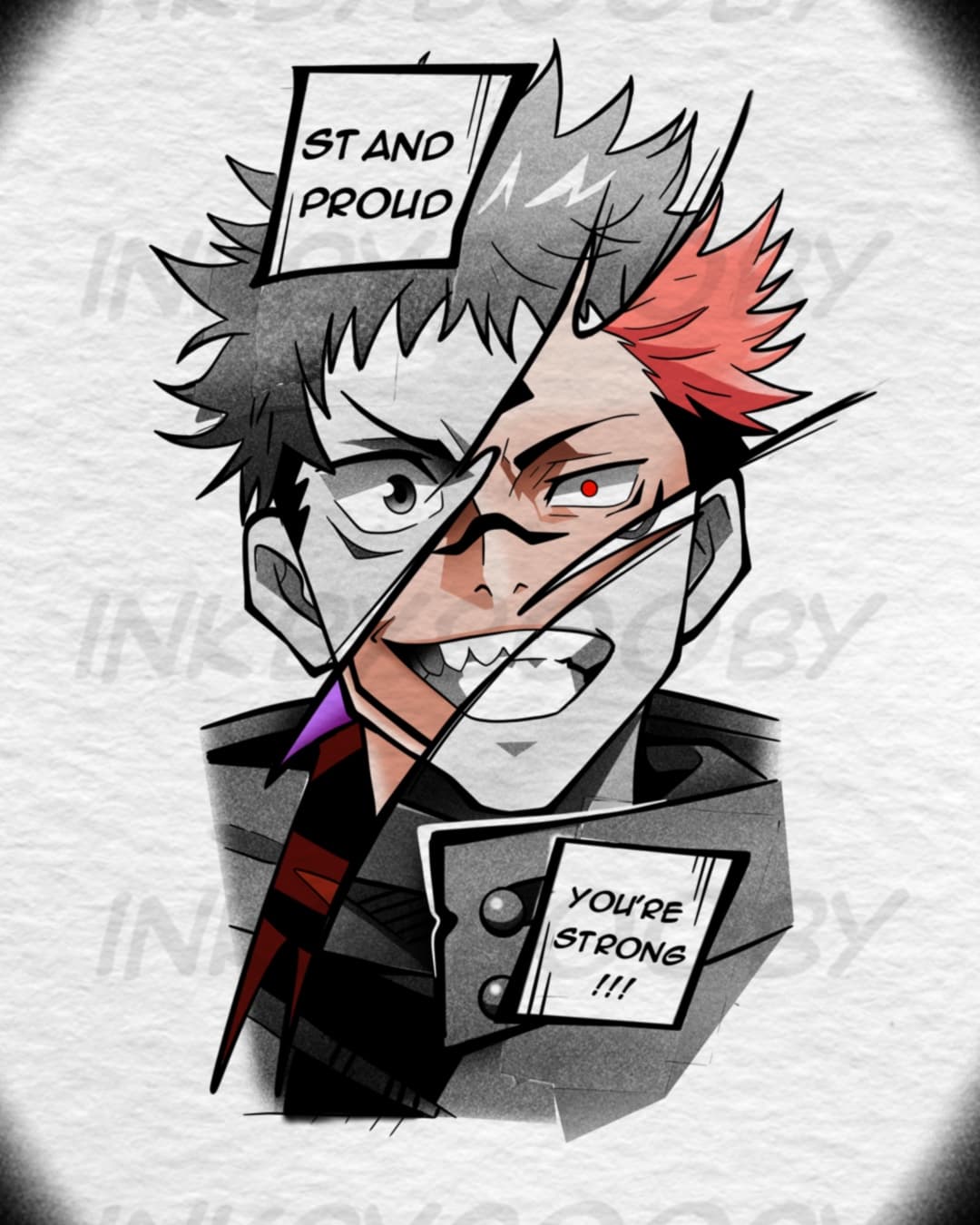 Yuji Itadori & Sukuna Split Portrait Tattoo Flash – Jujutsu Kaisen