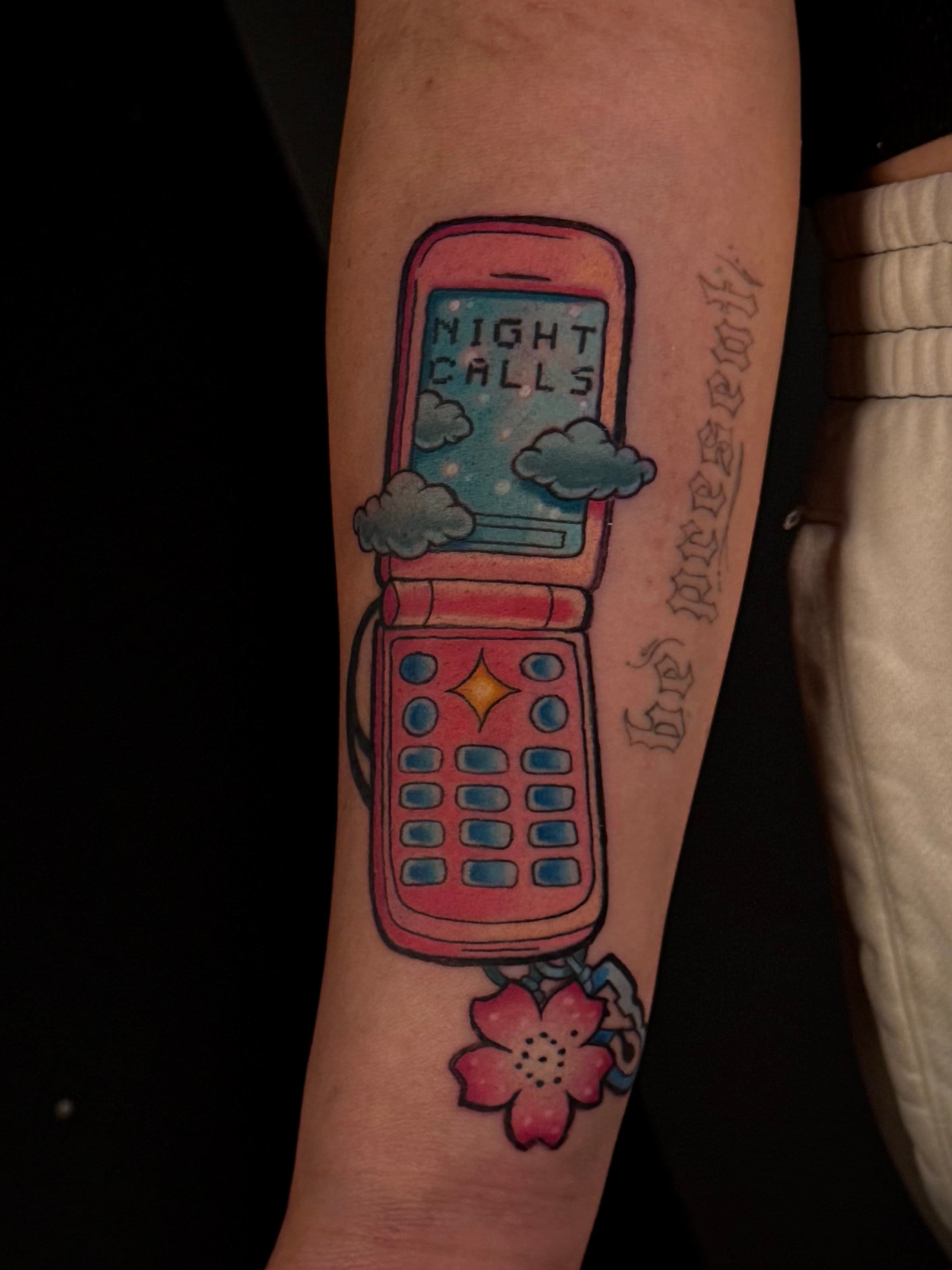 Night Calls Pink Flip Phone Tattoo