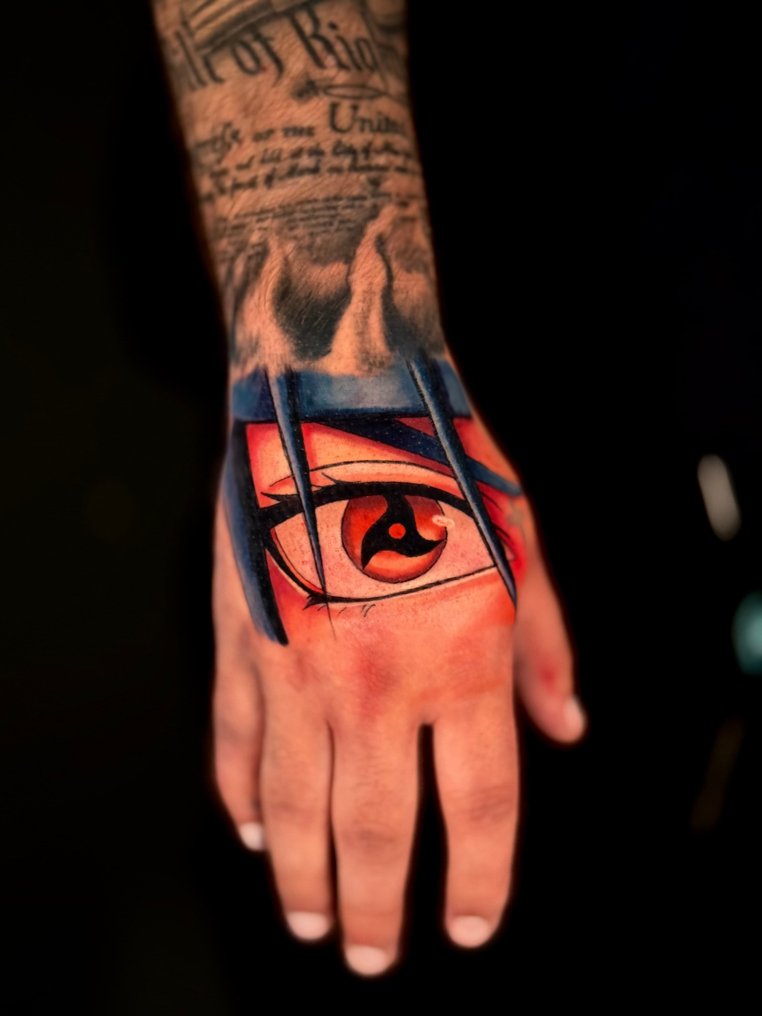 Itachi Sharingan Hand Tattoo